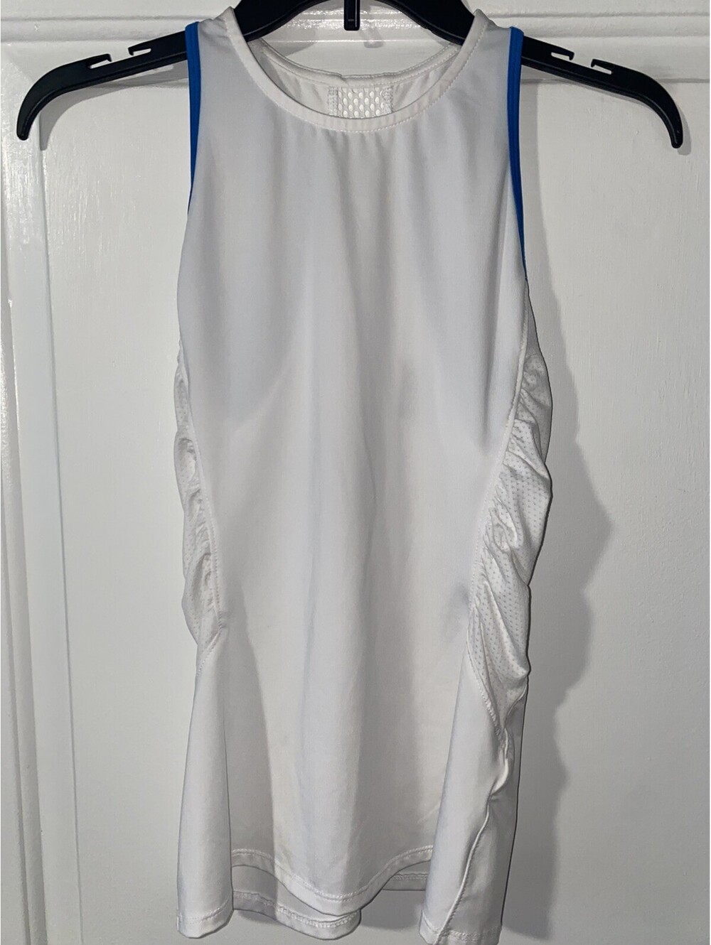 Lucky in Love  White Tennis Tank Top Fitted Side Wrinkled Small Blue Strap
